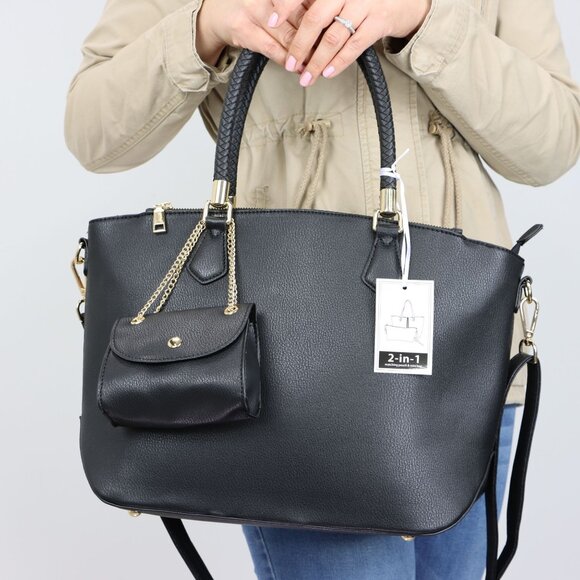 Black Faux Leather Purse and Coin Purse 2 in 1 Set Tote Cross Body Shoulder Bag - Picture 11 of 12